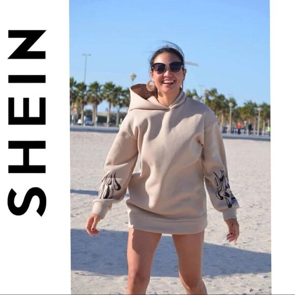 Drop Shoulder Fire Print Thermal Longline Hoodie SzL Kaki - Picture 5 of 10